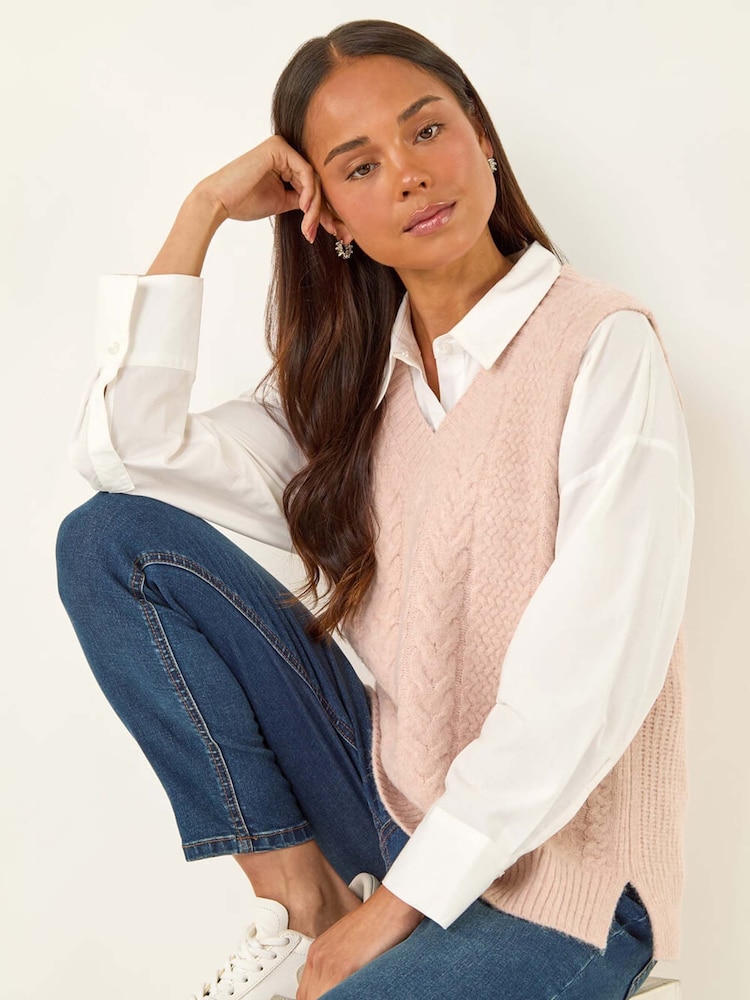 Roman Light Pink Cableknit Knitted Vest - Image 1 of 5