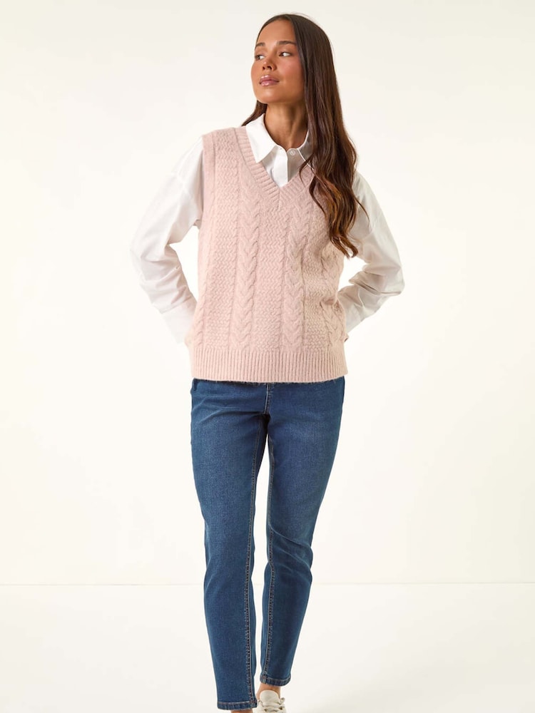 Roman Light Pink Cableknit Knitted Vest - Image 2 of 5