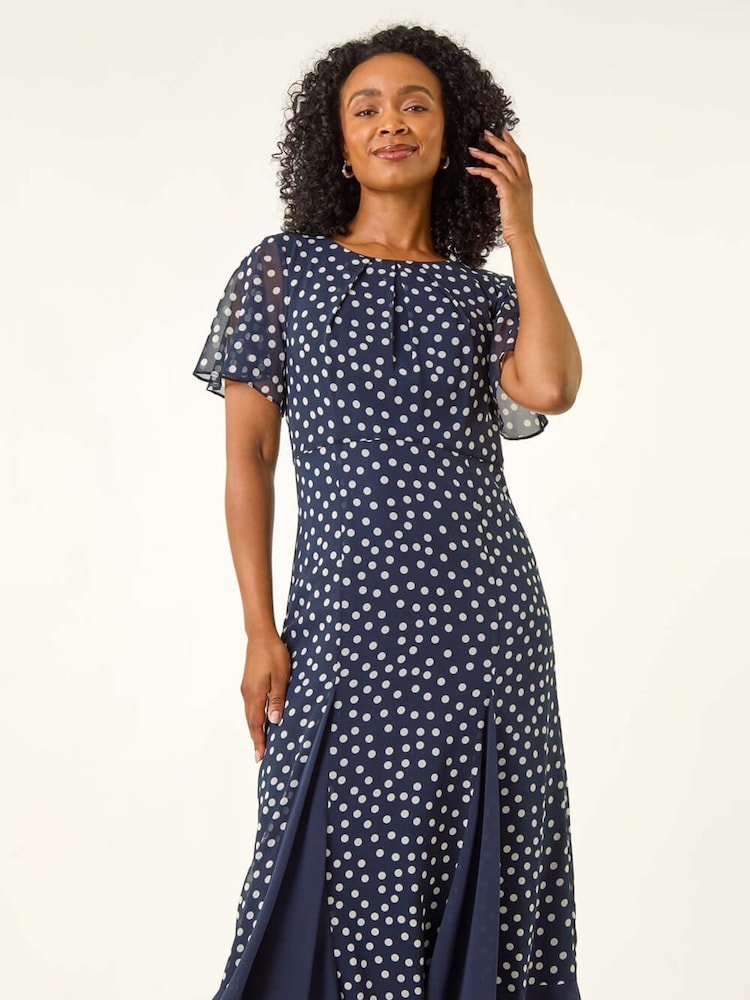 Roman Blue Spot Print Godet Hem Midi Dress - Image 2 of 5 Roman Blue Spot Print Godet Hem Midi Dress - Image 2 of 5