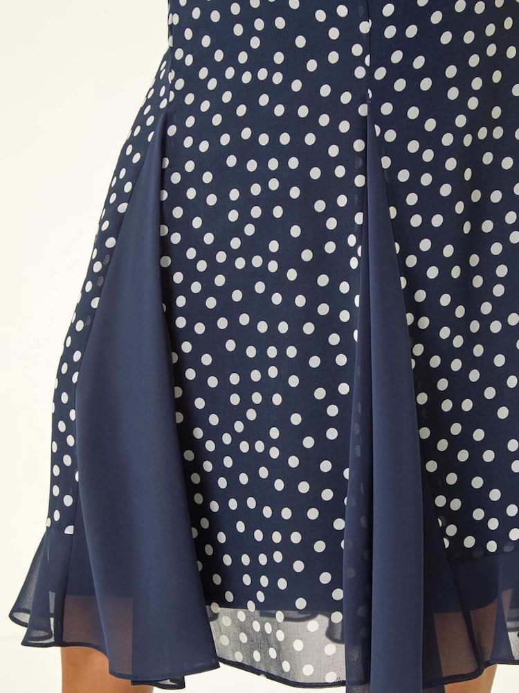 Roman Blue Spot Print Godet Hem Midi Dress - Image 5 of 5 Roman Blue Spot Print Godet Hem Midi Dress - Image 5 of 5