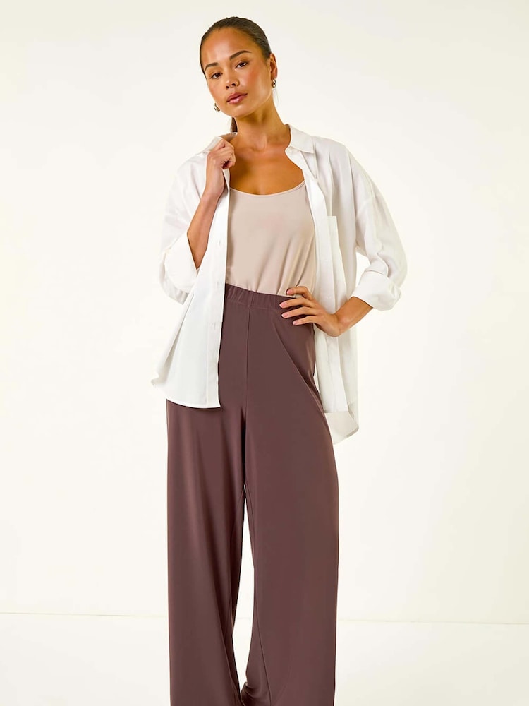 Roman Brown Petite Wide Leg Stretch Trousers - Image 1 of 5