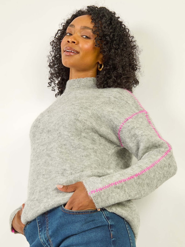 Roman Grey Petite Contrast Stitch Knit Jumper - Image 1 of 5 Roman Grey Petite Contrast Stitch Knit Jumper - Image 1 of 5