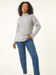 Roman Grey Petite Contrast Stitch Knit Jumper - Image 2 of 5