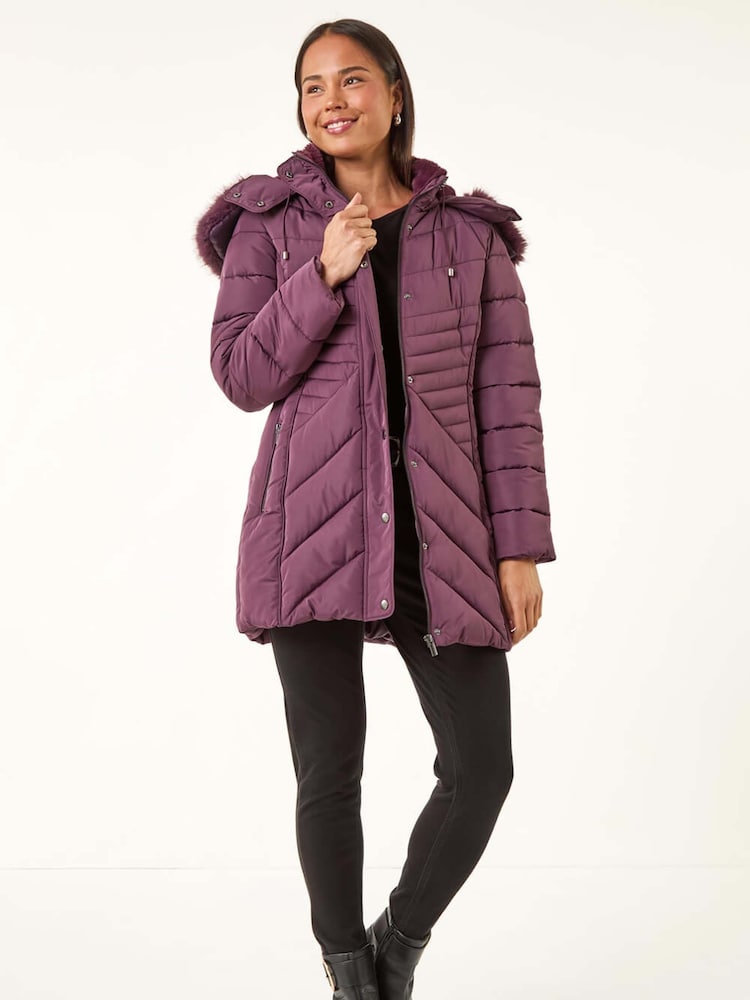 Roman Purple Faux Fur Hood Longline Quilted Coat - Image 1 of 5 Roman Purple Faux Fur Hood Longline Quilted Coat - Image 1 of 5