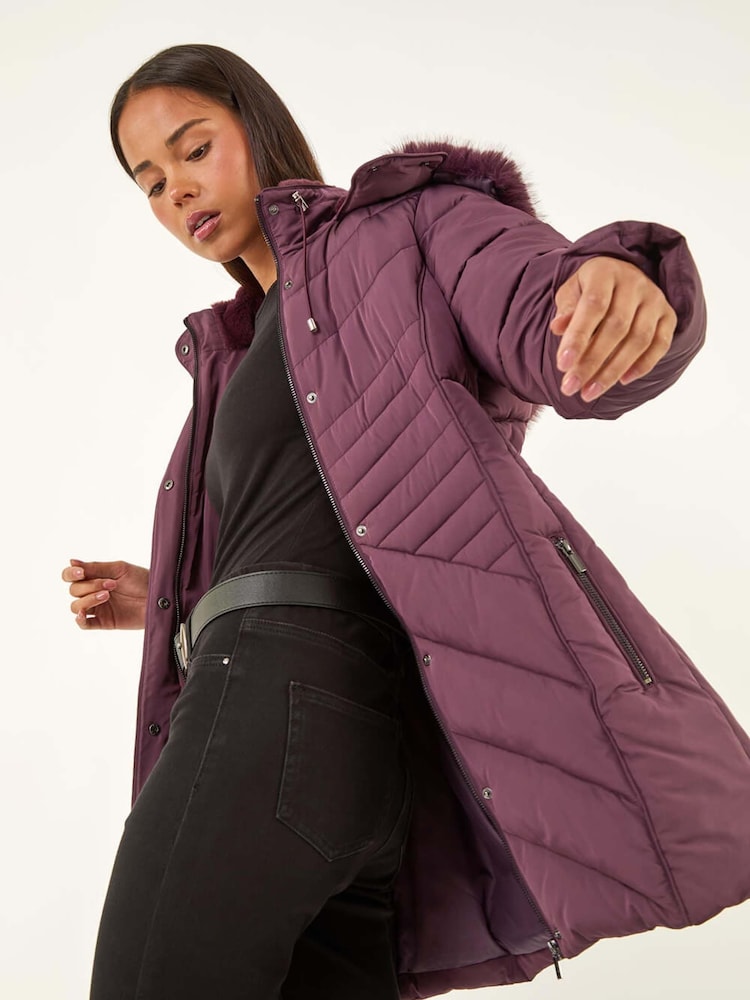 Roman Purple Faux Fur Hood Longline Quilted Coat - Image 2 of 5 Roman Purple Faux Fur Hood Longline Quilted Coat - Image 2 of 5