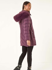Roman Purple Faux Fur Hood Longline Quilted Coat - Image 3 of 5