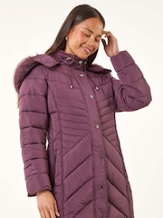 Roman Purple Faux Fur Hood Longline Quilted Coat - Image 4 of 5