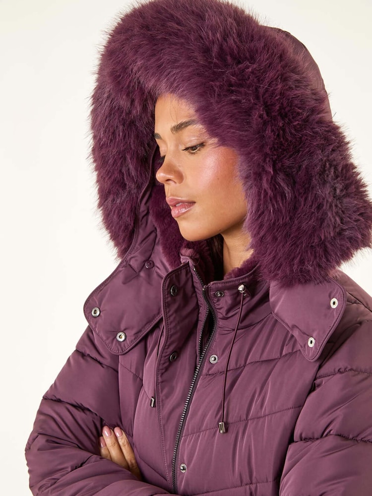 Roman Purple Faux Fur Hood Longline Quilted Coat - Image 5 of 5 Roman Purple Faux Fur Hood Longline Quilted Coat - Image 5 of 5