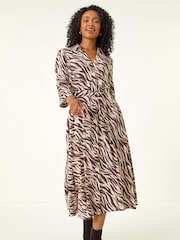 Roman Brown Petite Animal Print Midi Shirt Dress - Image 1 of 5