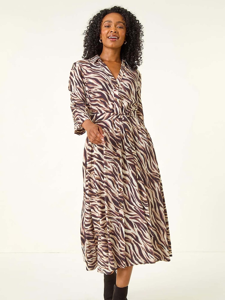 Roman Brown Petite Animal Print Midi Shirt Dress - Image 1 of 5