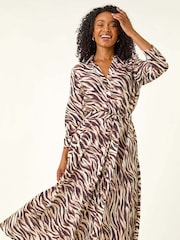 Roman Brown Petite Animal Print Midi Shirt Dress - Image 4 of 5