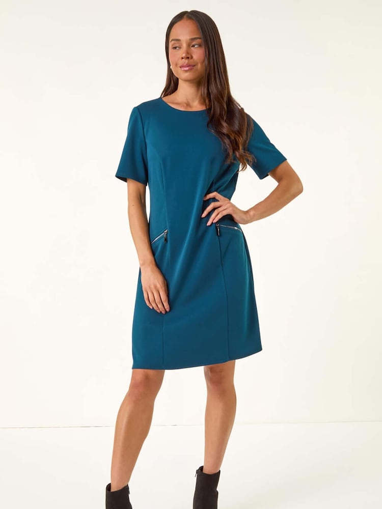 Roman Blue Petite Zip Detail Pocket Shift Dress - Image 2 of 5 Roman Blue Petite Zip Detail Pocket Shift Dress - Image 2 of 5
