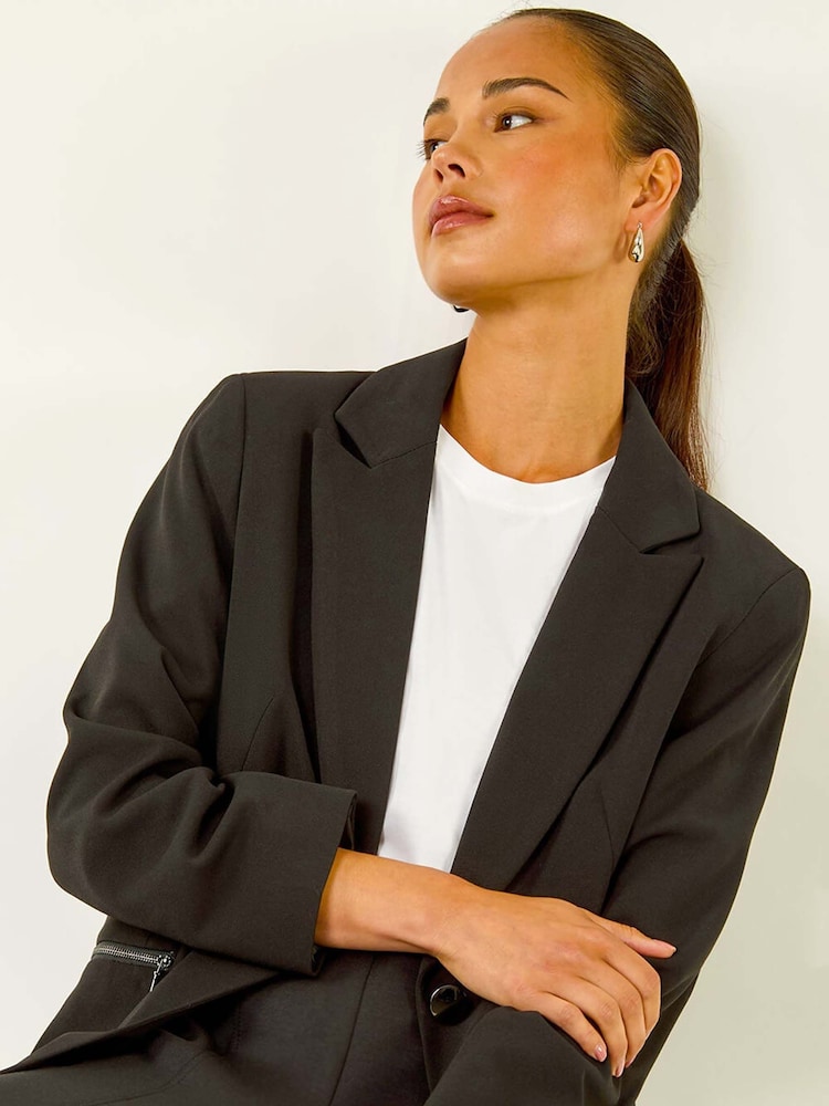 Roman Black Petite Zip Pocket Stretch Blazer - Image 2 of 5 Roman Black Petite Zip Pocket Stretch Blazer - Image 2 of 5