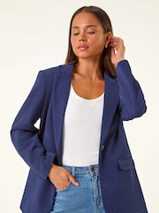 Roman Blue Petite Textured Buttoned Blazer - Image 4 of 5