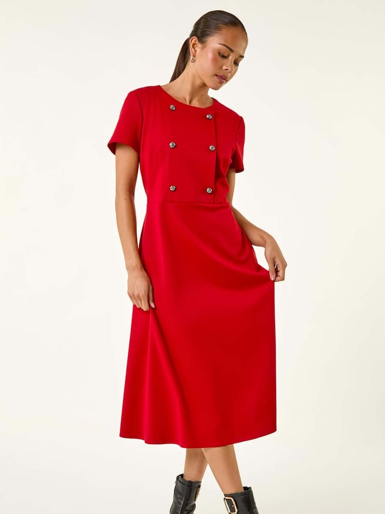 Roman Red Petite Button Stretch Midi Dress - Image 1 of 5
