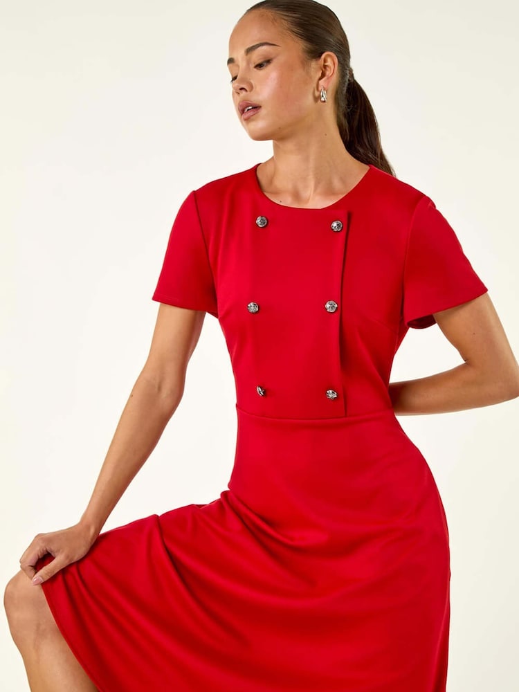 Roman Red Petite Button Stretch Midi Dress - Image 2 of 5 Roman Red Petite Button Stretch Midi Dress - Image 2 of 5