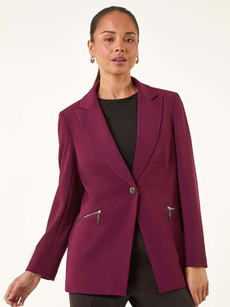 Roman Purple Petite Zip Pocket Stretch Blazer - Image 1 of 5 Roman Purple Petite Zip Pocket Stretch Blazer - Image 1 of 5