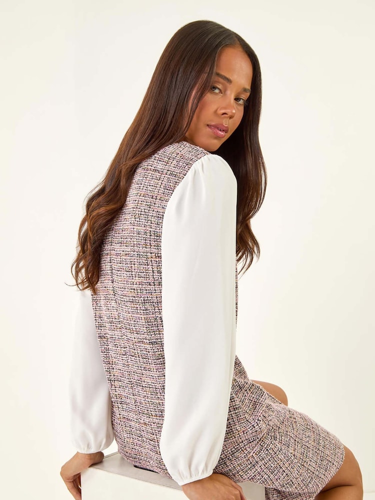 Roman Pink Petite Boucle Contrast Sleeve Dress - Image 2 of 5 Roman Pink Petite Boucle Contrast Sleeve Dress - Image 2 of 5