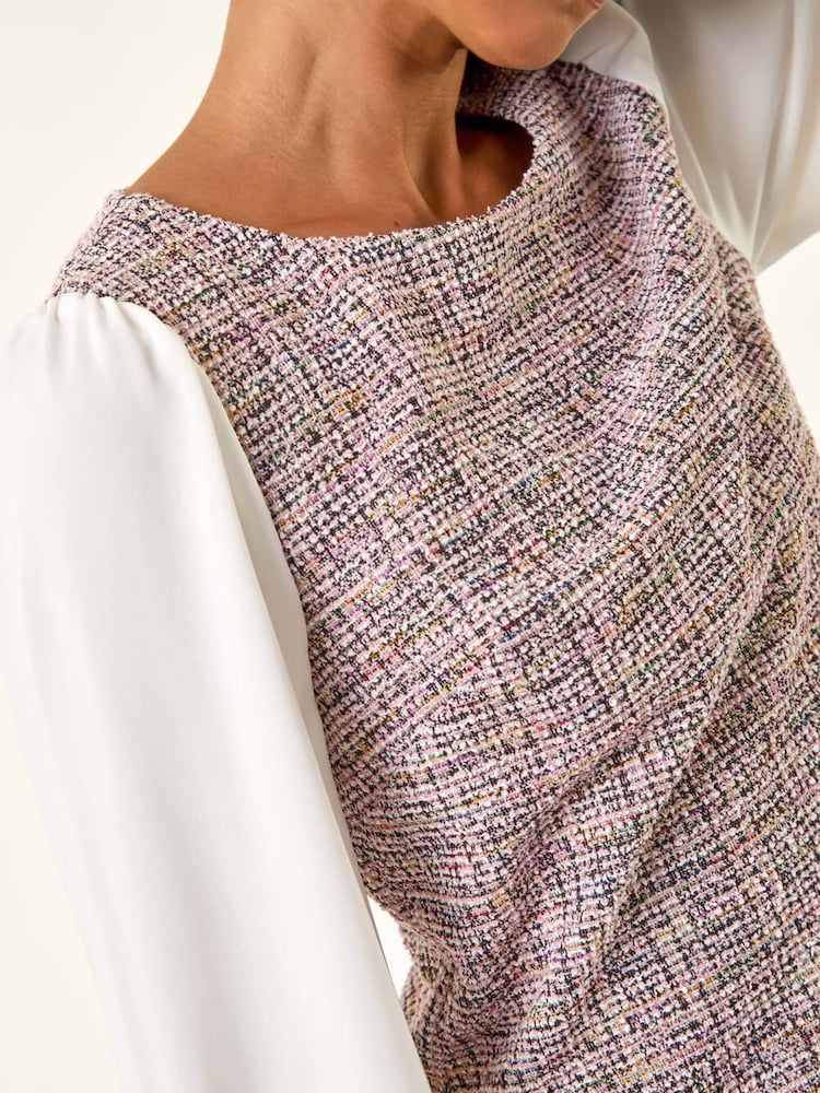 Roman Pink Petite Boucle Contrast Sleeve Dress - Image 5 of 5 Roman Pink Petite Boucle Contrast Sleeve Dress - Image 5 of 5