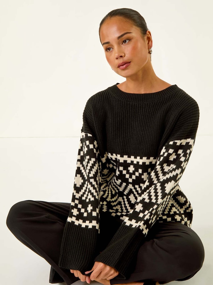 Roman Black Petite Diamond Geometric Knit Jumper - Image 1 of 5