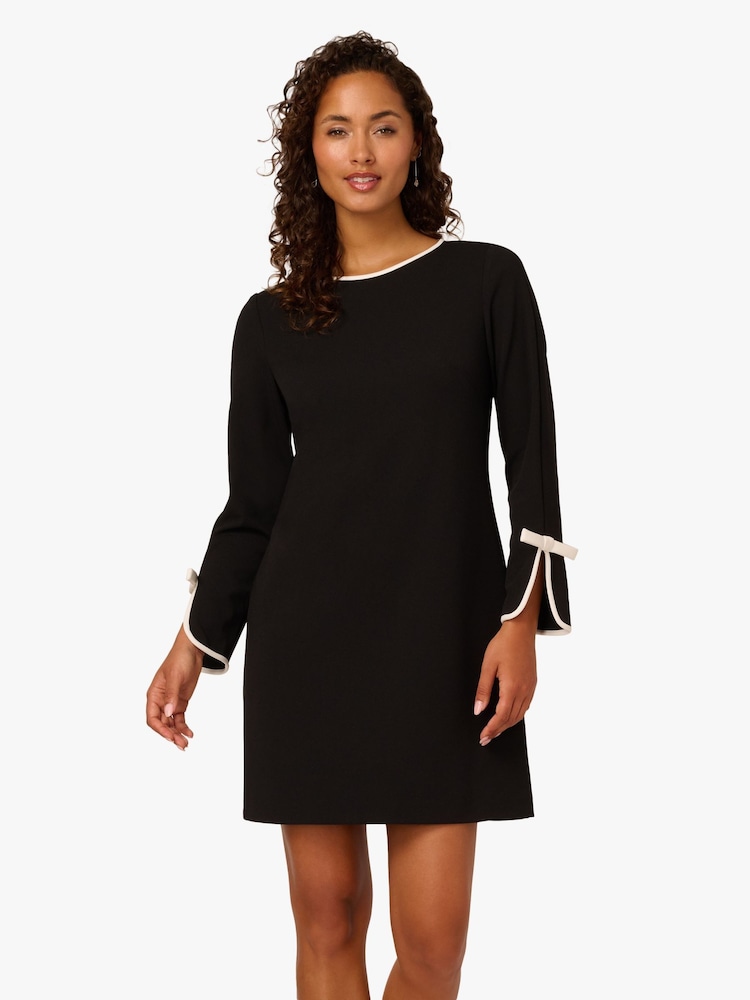 Adrianna Papell Long Sleeve Crepe Short Black Dress - Image 1 of 6 Adrianna Papell Long Sleeve Crepe Short Black Dress - Image 1 of 6