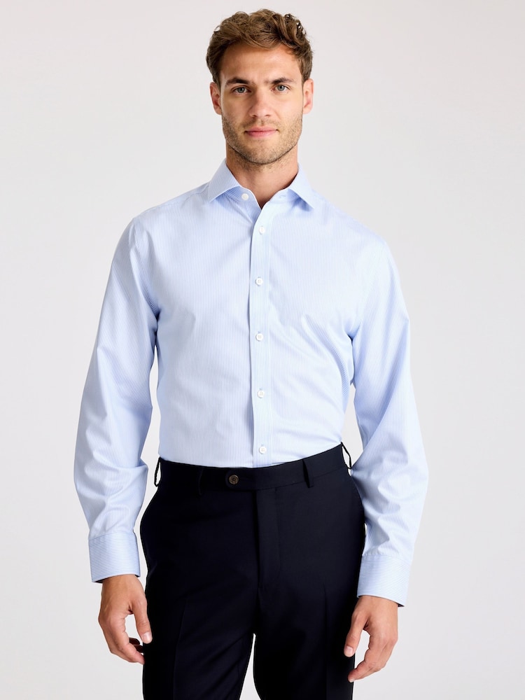 MOSS Regular Fit Sky Blue Stripe Non Iron Shirt - Image 1 of 3 MOSS Regular Fit Sky Blue Stripe Non Iron Shirt - Image 1 of 3