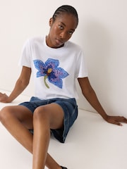 Jigsaw White Crochet Lily Print T-Shirt - Image 1 of 5