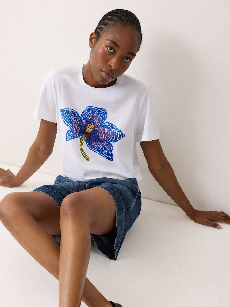 Jigsaw White Crochet Lily Print T-Shirt - Image 1 of 5