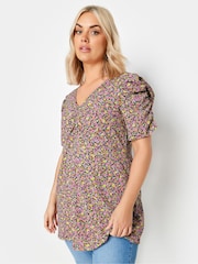 Yours Curve Orange Floral Print Textured Milkmaid Top - Image 1 of 5