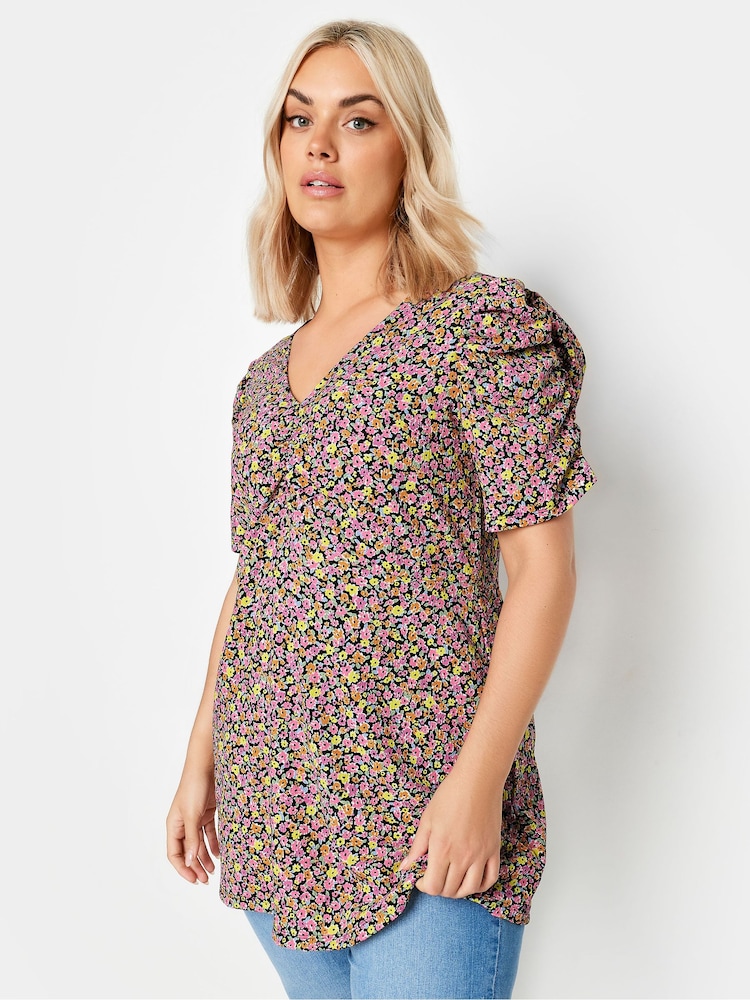 Yours Curve Orange Floral Print Textured Milkmaid Top - Image 1 of 5