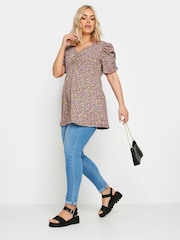 Yours Curve Orange Floral Print Textured Milkmaid Top - Image 2 of 5