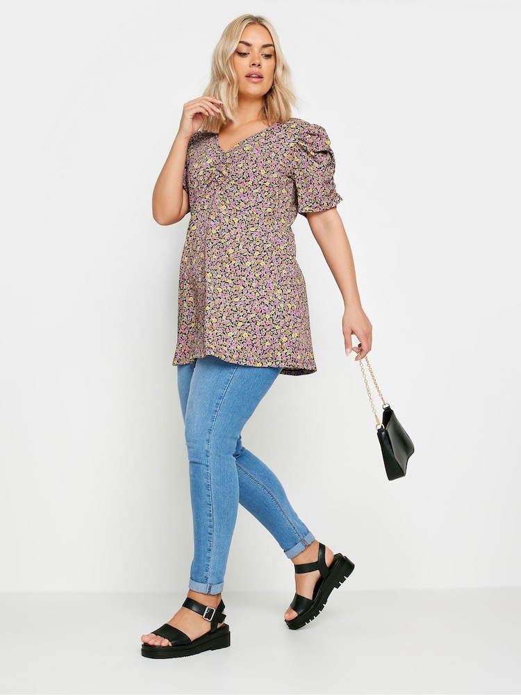 Yours Curve Orange Floral Print Textured Milkmaid Top - Image 2 of 5