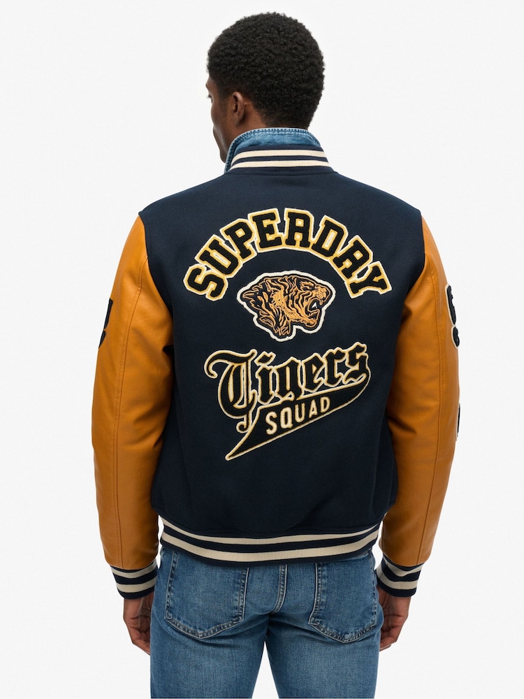Superdry Blue Vintage Patched Varsity Jacket - Image 2 of 6 Superdry Blue Vintage Patched Varsity Jacket - Image 2 of 6