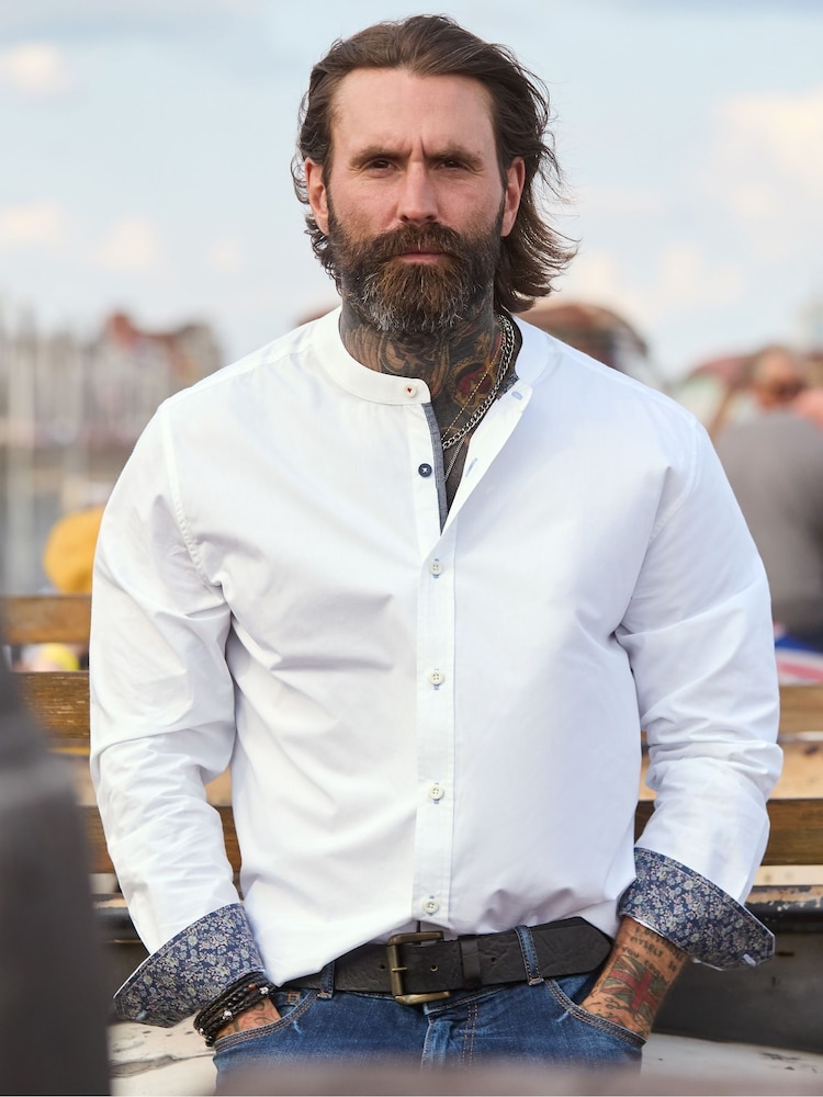 Joe Browns White Contrast Trim Grandad Collar Shirt - Image 1 of 7