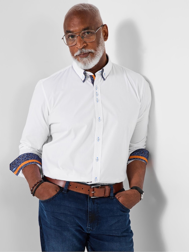 Joe Browns White Blue Printed Trim Double Collar Shirt - Image 1 of 6 Joe Browns White Blue Printed Trim Double Collar Shirt - Image 1 of 6