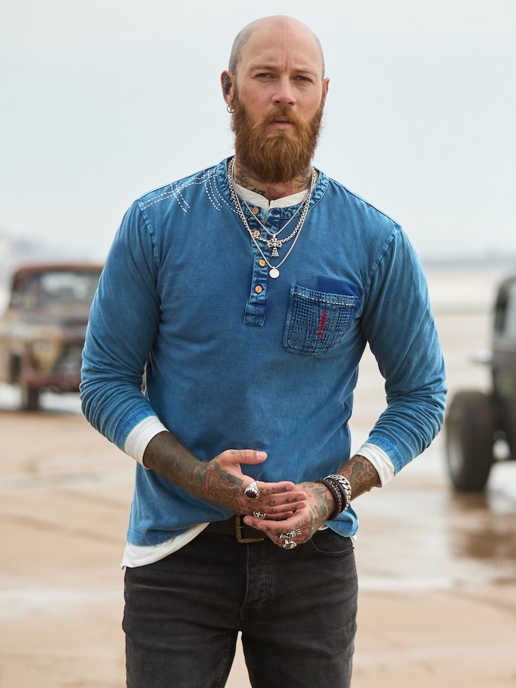 Joe Browns Blue Indigo Washed Henley T-Shirt - Image 1 of 7