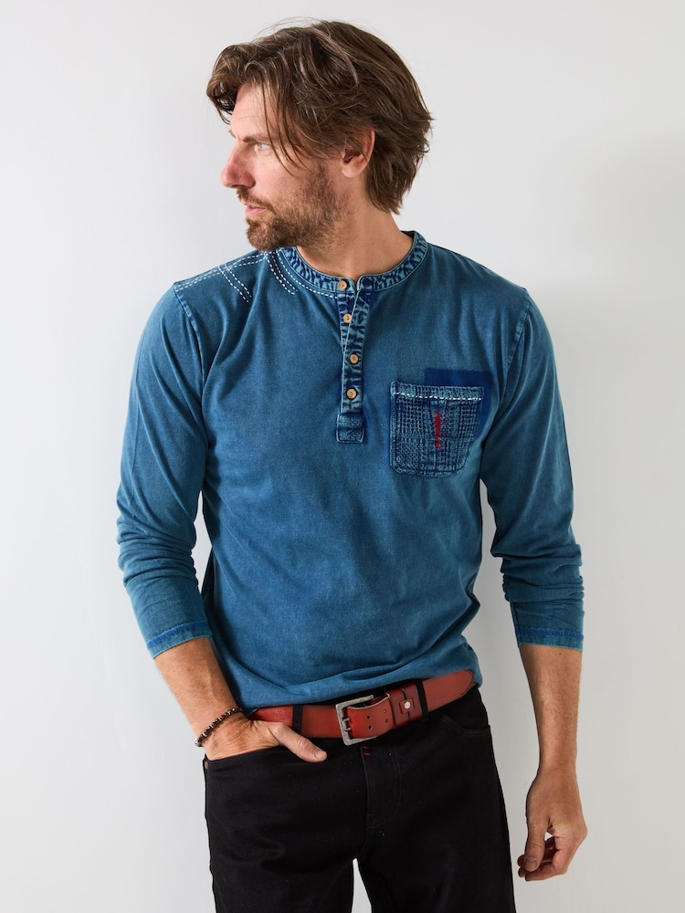 Joe Browns Blue Indigo Washed Henley T-Shirt - Image 2 of 7