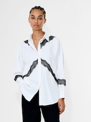 French Connection Natural Candice Satin Lace Mix Long Sleeve Shirt - Image 1 of 6