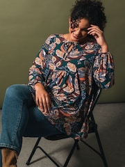 Roman Blue Curve Floral Gathered Tie Front Blouse - Image 1 of 6