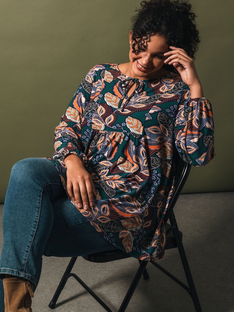 Roman Blue Curve Floral Gathered Tie Front Blouse - Image 1 of 6