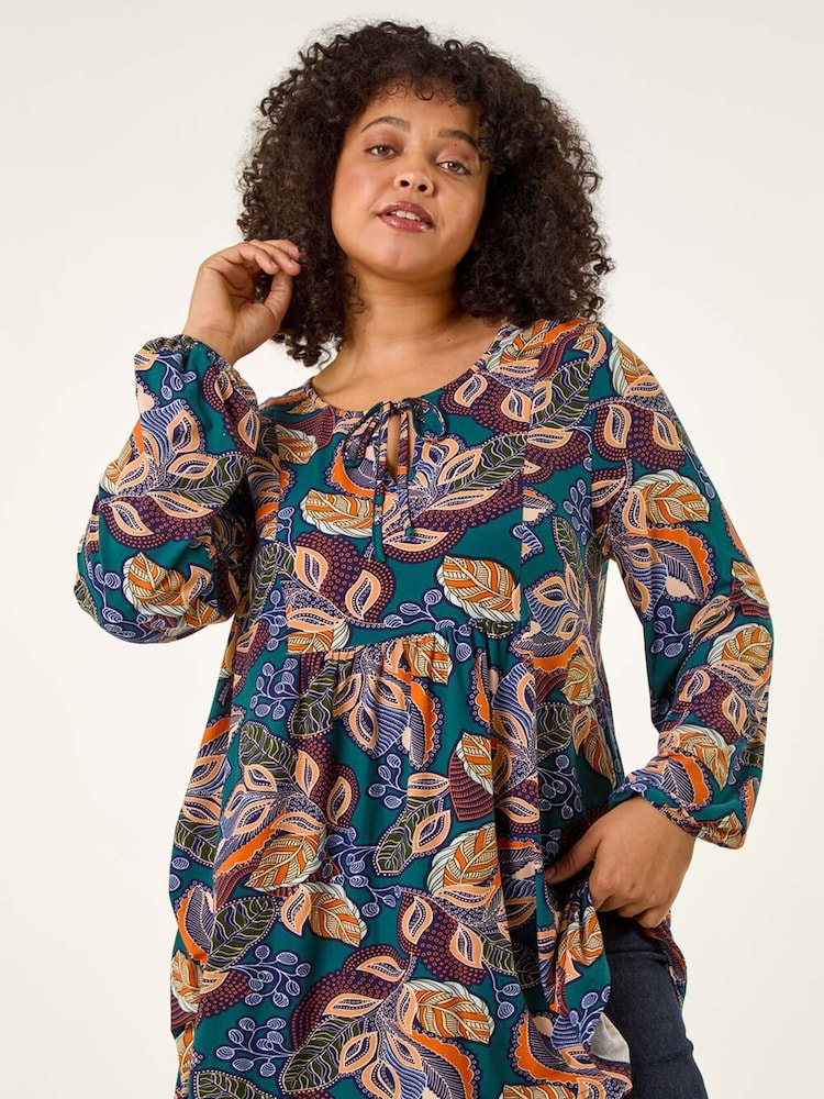 Roman Blue Curve Floral Gathered Tie Front Blouse - Image 2 of 6