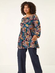 Roman Blue Curve Floral Gathered Tie Front Blouse - Image 3 of 6