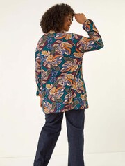 Roman Blue Curve Floral Gathered Tie Front Blouse - Image 4 of 6