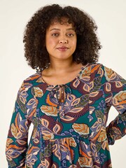Roman Blue Curve Floral Gathered Tie Front Blouse - Image 5 of 6