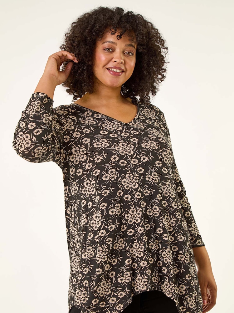 Roman Black Curve Floral V-Neck Stretch Tunic Top - Image 1 of 5 Roman Black Curve Floral V-Neck Stretch Tunic Top - Image 1 of 5