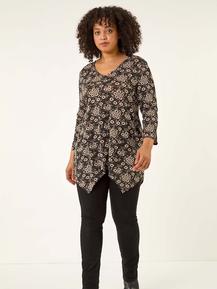 Roman Black Curve Floral V-Neck Stretch Tunic Top - Image 2 of 5 Roman Black Curve Floral V-Neck Stretch Tunic Top - Image 2 of 5