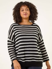 Roman Black Curve Crochet Stripe Knit Jumper - Image 1 of 5