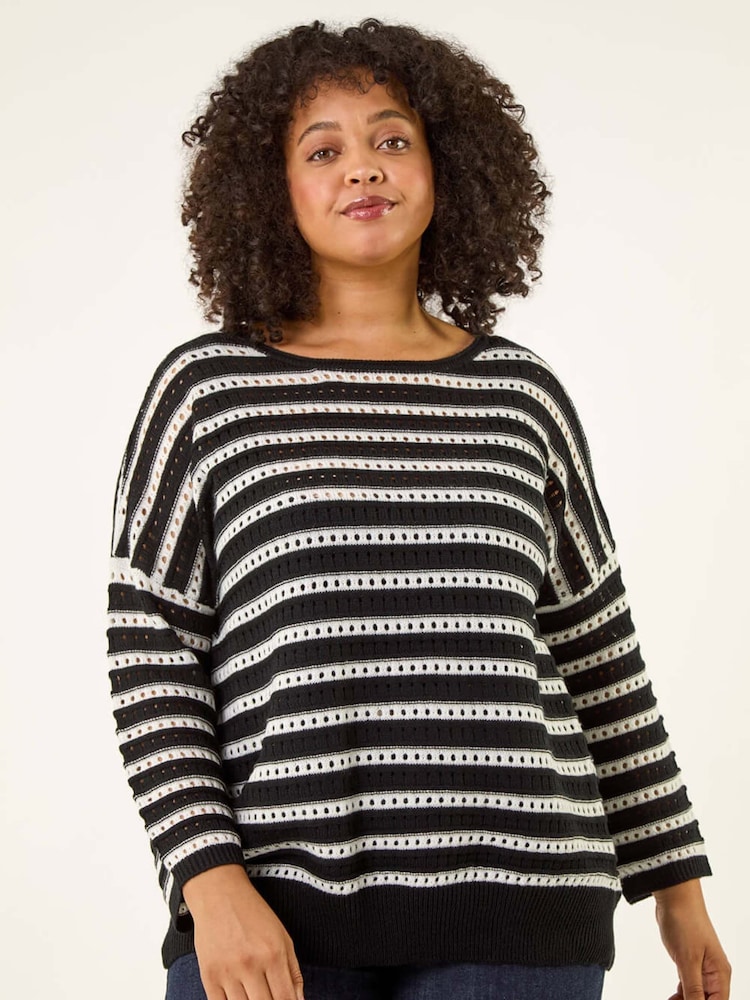 Roman Black Curve Crochet Stripe Knit Jumper - Image 1 of 5