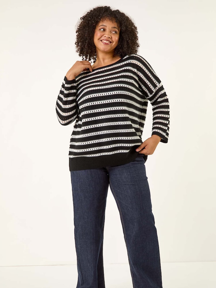 Roman Black Curve Crochet Stripe Knit Jumper - Image 2 of 5