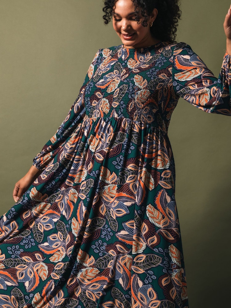 Roman Blue Curve Floral Print Shirred Midi Dress - Image 1 of 6 Roman Blue Curve Floral Print Shirred Midi Dress - Image 1 of 6